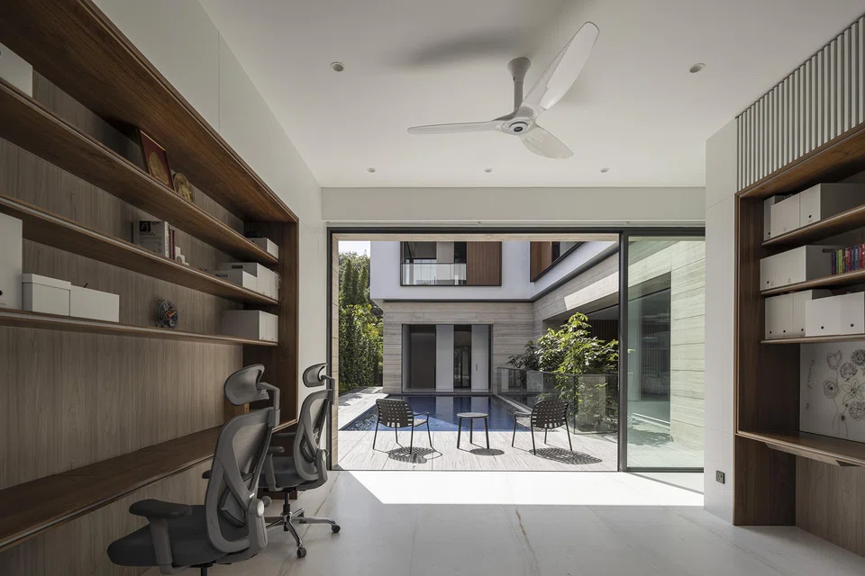 The study is located on one end of the courtyard.