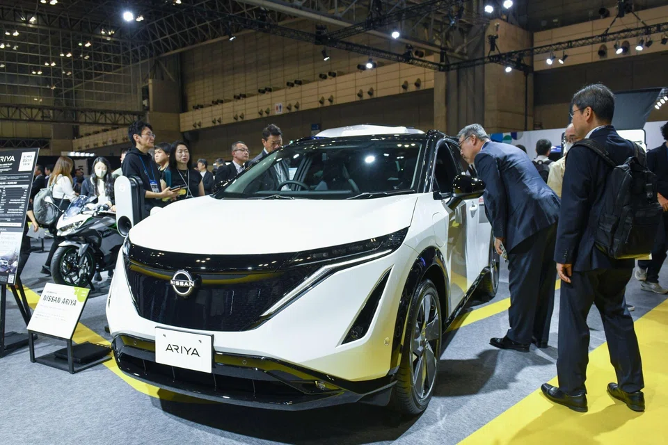 A Nissan Ariya electric sports utility vehicle on display at the Japan Mobility Show in Chiba, Japan.