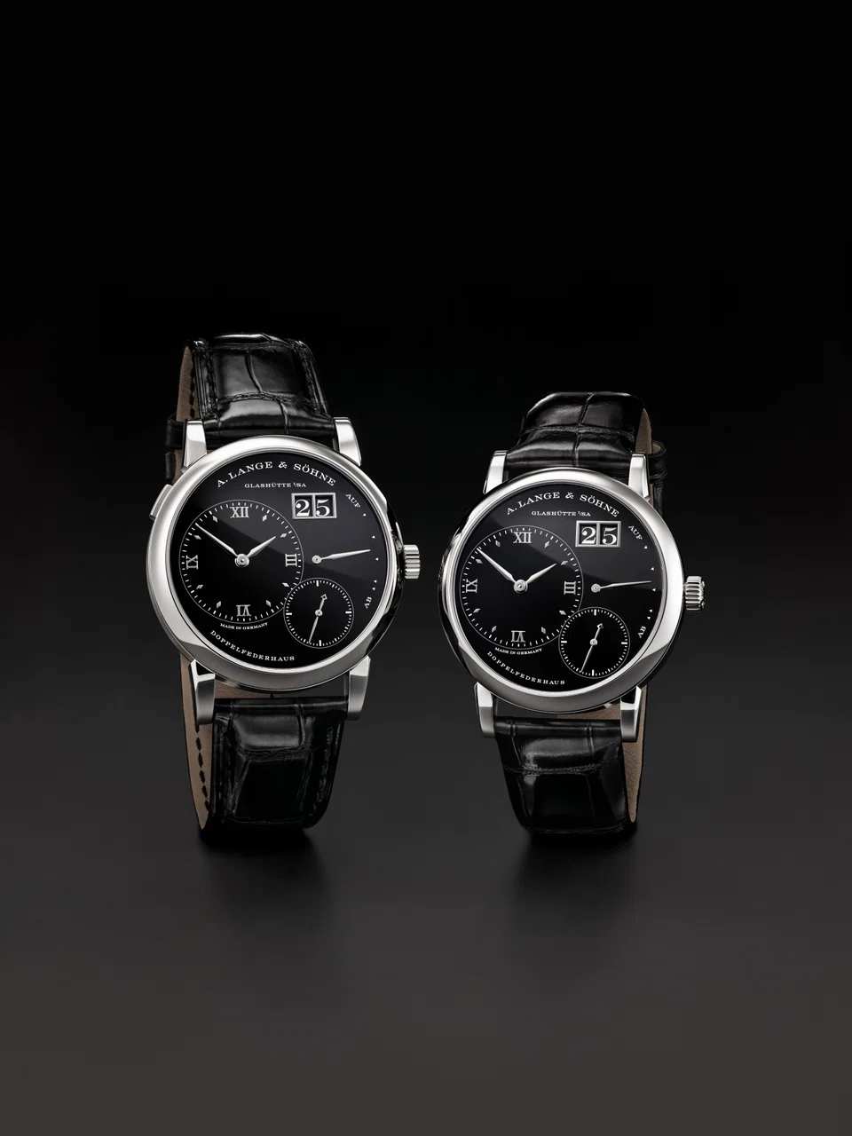 Limited edition Lange 1 and Little Lange 1 platinum models with black onyx dials – a rare material in watchmaking that elevates the timepiece to a new level of sophistication. 
