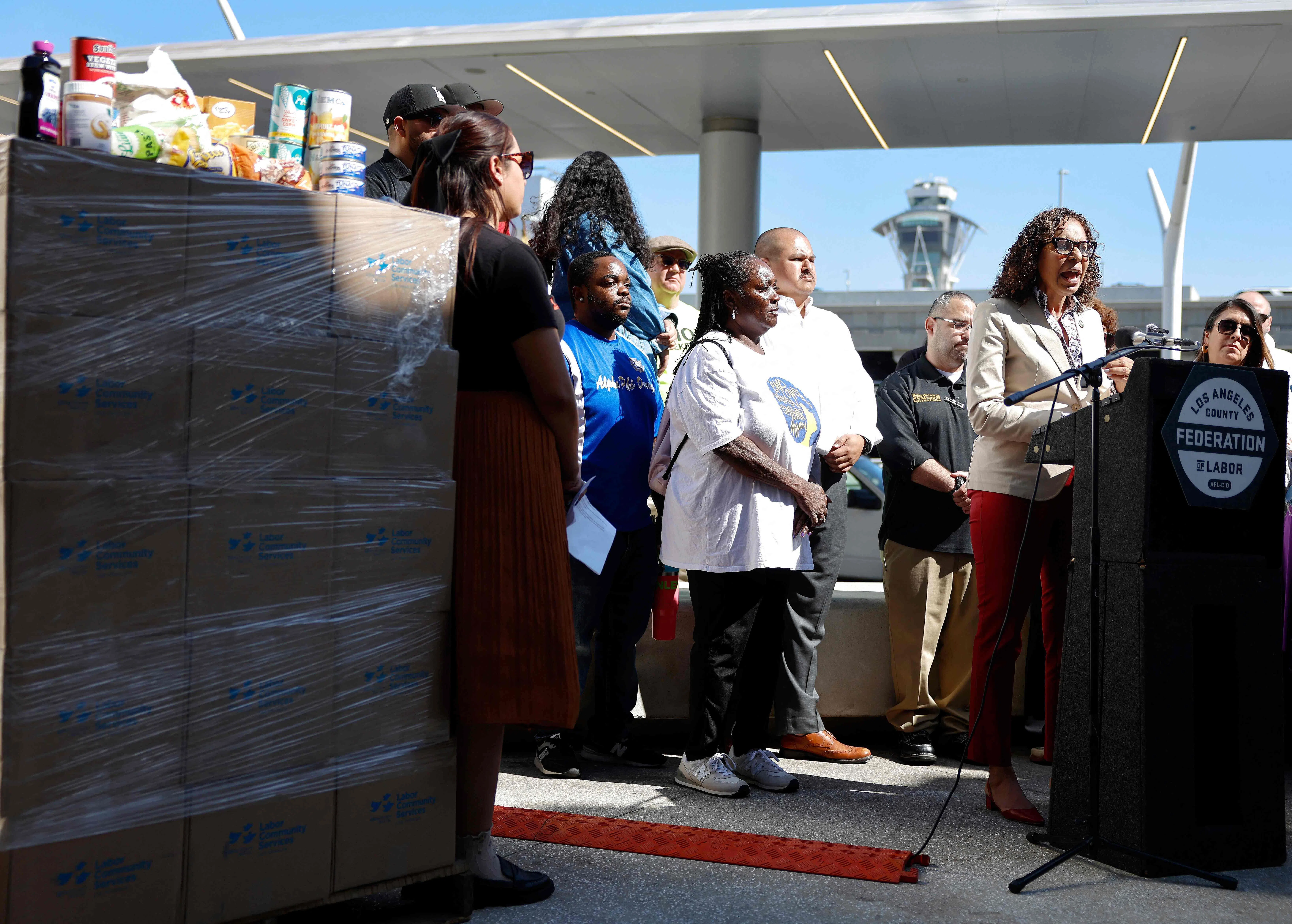 Rep. Sydney Kamlager-Dove speaks at a news conference before a food distribution event at Los Angeles International Airport for federal workers impacted by the federal government shutdown, Los Angeles, California, Oct 22, 2025.