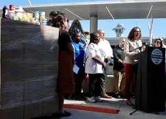 Rep. Sydney Kamlager-Dove speaks at a news conference before a food distribution event at Los Angeles International Airport for federal workers impacted by the federal government shutdown, Los Angeles, California, Oct 22, 2025.