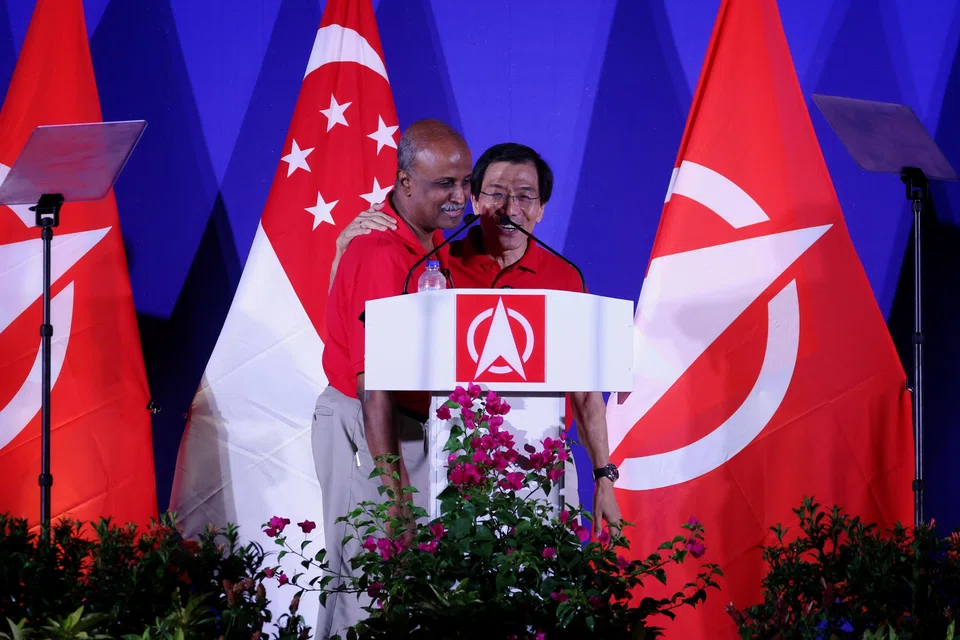 SDP chief Chee Soon Juan (right) and chairman Paul Tambyah at a party rally.