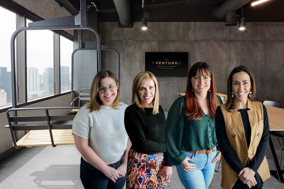 Nimble Design founder Candice Campbell (second from left) at the Ventuno project at Kore's 1800 West Loop South office tower in Houston, Texas.