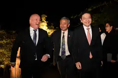 From left: New Zealand Prime Minister Christopher Luxon welcoming Singapore's Foreign Minister Vivian Balakrishnan and PM Lawrence Wong to dinner on the sidelines of Apec meetings in Gyeongju, South Korea.