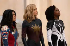 The Marvels is a complicated sci-fi yarn about quantum entanglement, “jump points” and holes in space. It stars Iman Vellani (from left), Brie Larson and Teyonah Parris.
