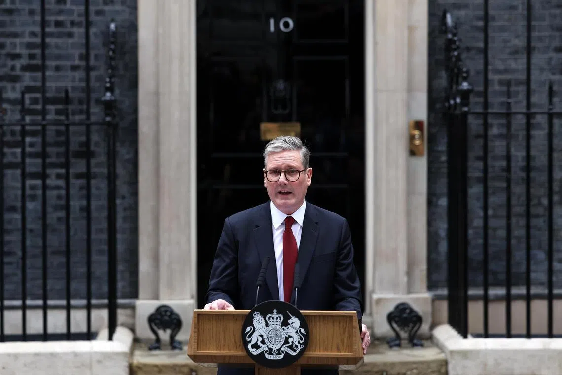 epaselect epa11458907 Britain's new Prime Minister Keir Starmer delivers his first speech outside 10 Downing Street in London, Britain, 05 July 2024. Labour party leader Keir Starmer became the country's new prime minister on 05 July, after his party won a landslide victory in the general election.  EPA-EFE/ANDY RAIN