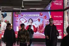 Advertisements for Singles' Day on Alibaba's Tmall e-commerce platform at a subway station in Shanghai, China, Nov 4, 2024. Singles' Day is China's biggest annual bargains extravaganza built around a Nov 11 event that Alibaba popularised more than a decade ago. 