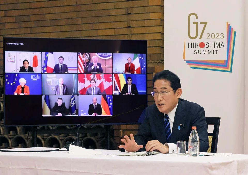 Japan's Prime Minister Fumio Kishida attending an online meeting with G7 leaders at the prime minister's official residence in Tokyo, Feb 24, 2023. 