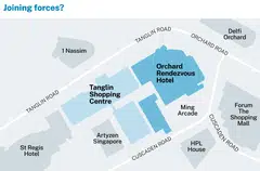 The Orchard Rendezvous Hotel is on 87,653 square feet of land zoned for hotel use under the URA Master Plan 2019. Next door, the 68,512 sq ft Tanglin Shopping Centre site is zoned commercial.  