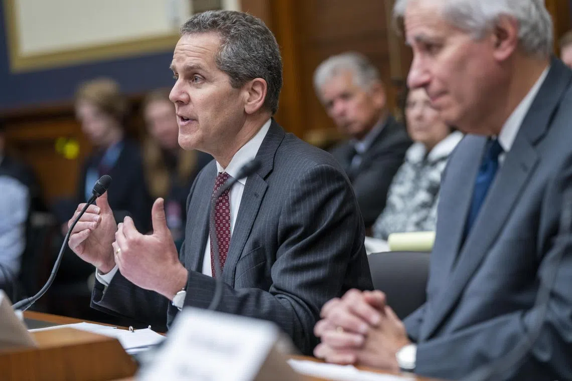 Vice chair for supervision of the Federal Reserve Michael Barr (L), with chairman of the Federal Deposit Insurance Corporation (FDIC) Martin Gruenberg (R), testify during the House Committee on Financial Services hearing on the recent bank failures on Capitol Hill in Washington, DC,  March 29, 2023. 