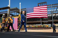 President Joe Biden visiting the Intel campus in Chandler, Ariz., March 20. In the 19 presidential terms since WWII, job creation has averaged 1.7 per cent per year under Democratic administrations, compared to 1 per cent under the GOP.