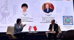 Lee Huay Leng (left), editor-in-chief of the Chinese Media Group at SPH Media, speaking with China's Ambassador to Singapore Cao Zhongming at a fireside chat on Mar 23.
