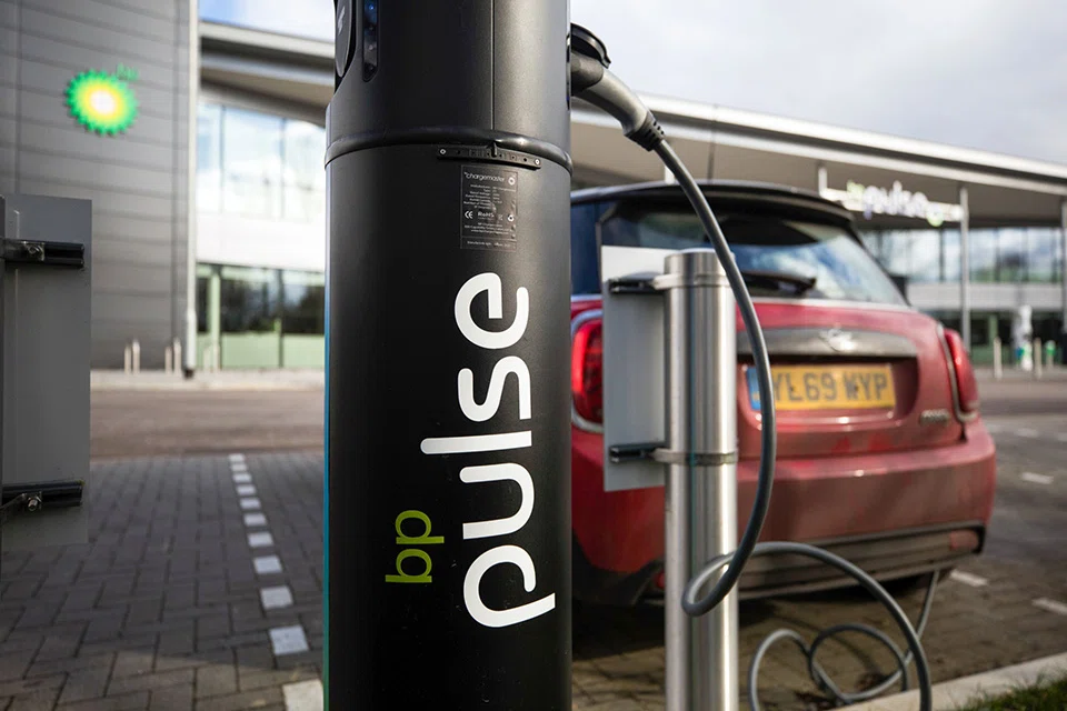 A BP Pulse EV charging point outside BP’s headquarters in Milton Keynes, UK. 