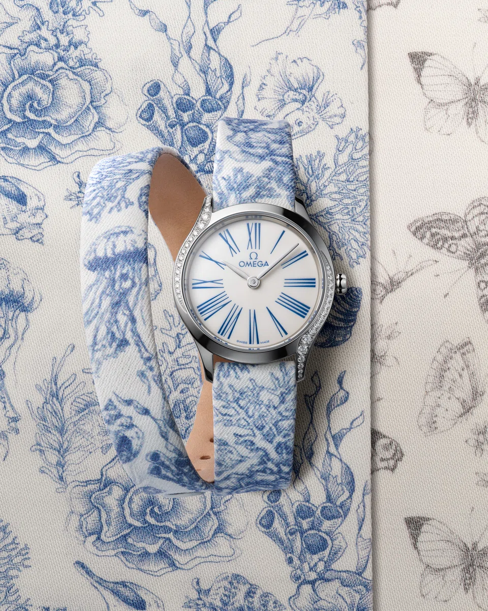 A De Ville Mini Tresor in Stainless Steel Case and Oile de Jouy Double Wrap Strap.