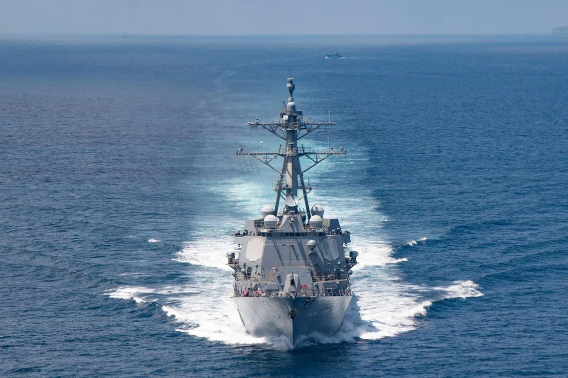 A United States Navy ship on a transit through the Taiwan Strait. In a hypothetical Taiwan Strait crisis, it is possible that out of the Quadrilateral Security Dialogue – Australia, India, Japan, and the United States – the US would be left to act alone.