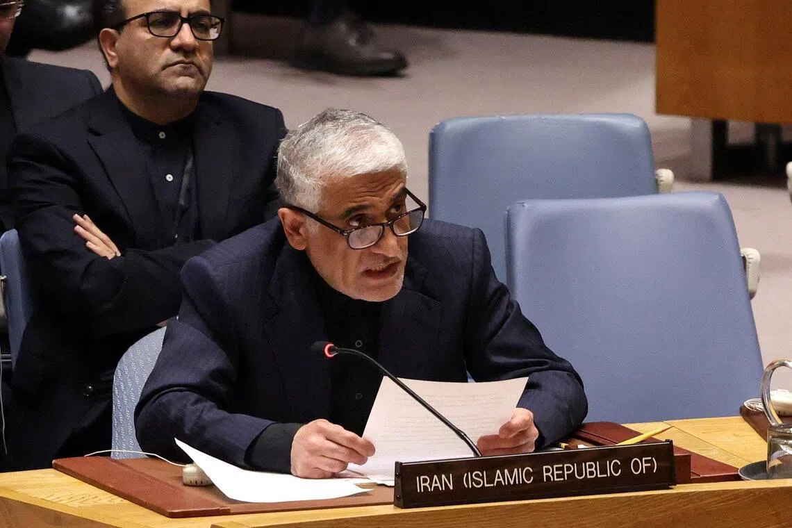 Iran's UN ambassador Amir-Saeid Iravani addresses members of the UN's Security Council in New York City, New York, March 11, 2026. 