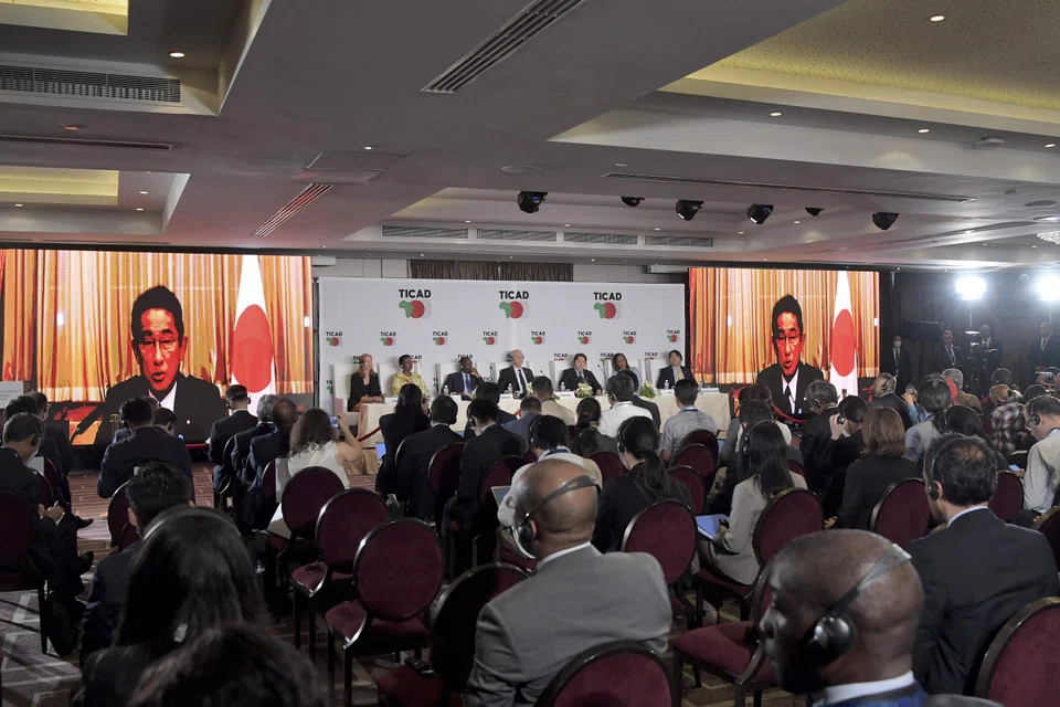(Right to left) Japan's Prime Minister Fumio Kishida joins by video conference a press conference with Foreign Minister Yoshimasa Hayashi, UN Deputy Secretary-General Amina J. Mohamed, Tunisia's President Kais Saied, Senegal's President Macky Sall, and representatives from the African Union Commission and the UN Development Programme in Tunis, Tunisia on Aug 28, 2022. 