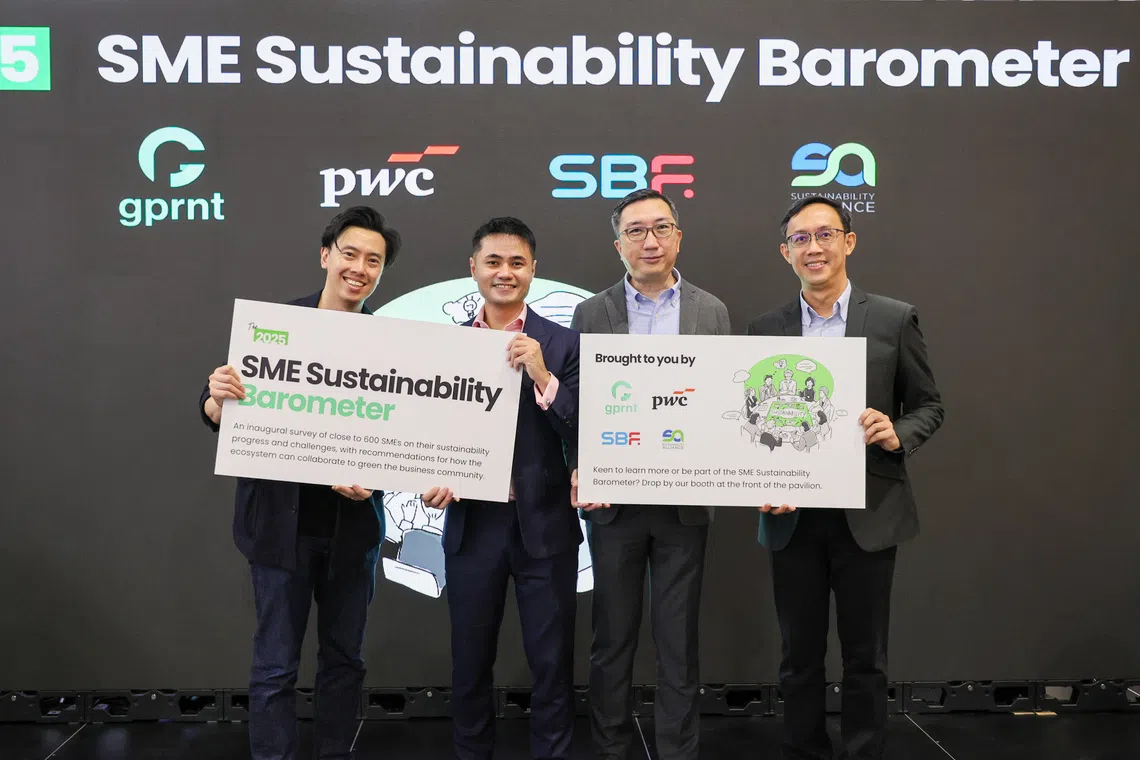 From left: Lionel Wong, CEO of Gprnt; Lee Bing Yi, partner at PwC Singapore;  Lee Yee Fung, chief smart technologies and sustainability officer at SBF; and Lim Keum Keow, director at Sustainability Alliance.