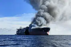 The tanker MT Pablo on fire off Malaysia's southern coast on May 1. A recent report cautions that a jump in the number of fires, the growth of the shadow tanker fleet and economic uncertainty all pose new safety challenges for the shipping industry.