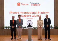 At the launch of Shopee International Platform were (from left) Shopee director Chua Kel Jin, Shopee vice-president Ian Ho, EnterpriseSG managing director Cindy Khoo, and EnterpriseSG assistant managing director Geoffrey Yeo.