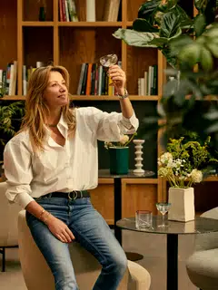 Sarah Poniatowski, founder, designer and chief executive officer of Maison Sarah Lavoine, with the three cocktail glasses she designed. 
