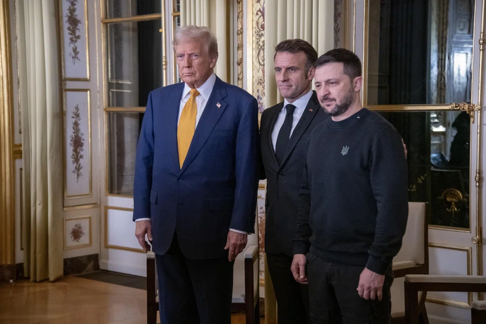 US president-elect Donald Trump (left) with French President Emmanuel Macron (centre) and Ukraine President Volodymyr Zelensky in Paris. Trump has said he can end the conflict quickly after he takes office in January.