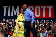 US senator Tim Scott hugs his mother as he announces his candidacy for the 2024 Republican presidential race in North Charleston, South Carolina, May 22.  