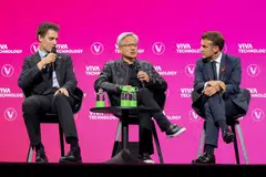 (From left) Mistral AI founder Arthur Mensch, Nvidia co-founder and CEO Jensen Huang and French President  Emmanuel Macron at the 2025 VivaTech conference in Paris, France, June 11, 2025. The annual technology and startup conference runs until June 14. 