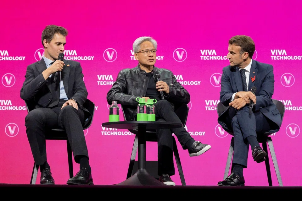 (From left) Mistral AI founder Arthur Mensch, Nvidia co-founder and CEO Jensen Huang and French President  Emmanuel Macron at the 2025 VivaTech conference in Paris, France, June 11, 2025. The annual technology and startup conference runs until June 14. 