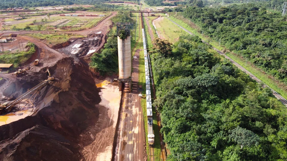 A train loaded with iron ore at the ArcelorMittal iron ore mine in Mount Nimba, Liberia, June 2021. 