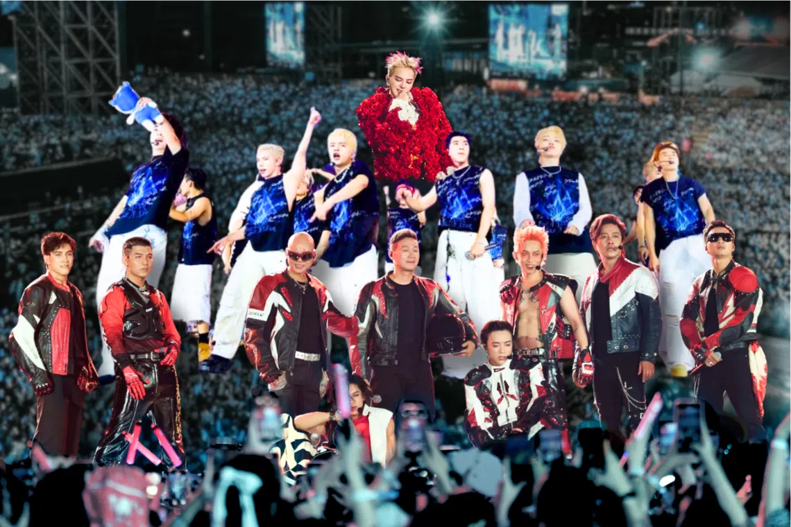 A collage showing G-Dragon (in red, at the top) as well as the Vietnamese artistes from two celebrity-driven music variety shows.  