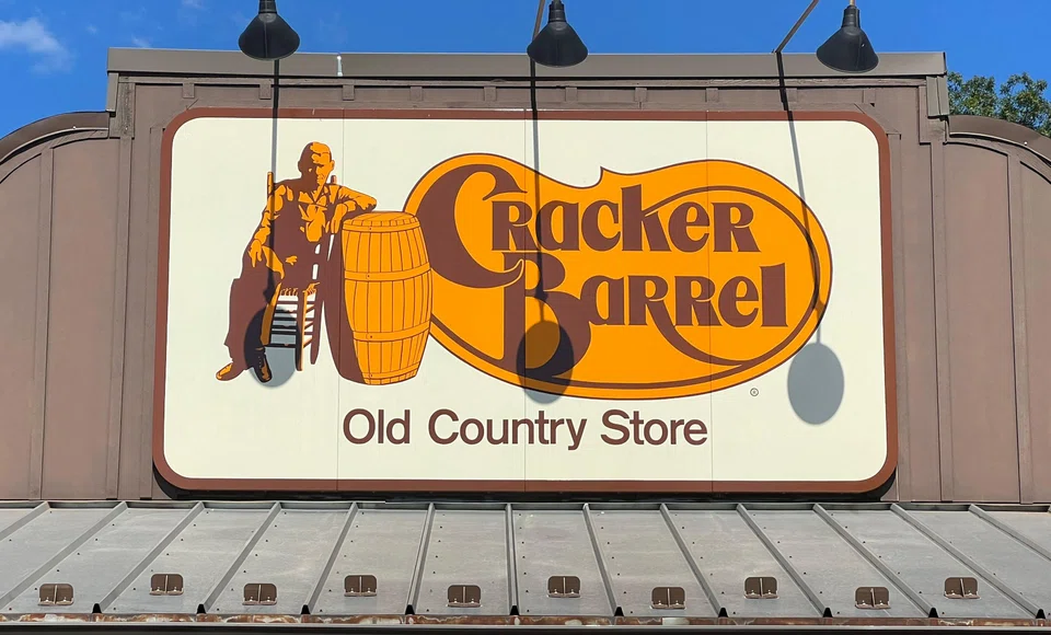 The old 'Cracker Barrel Old Country Store' logo is displayed on a large rooftop sign in Mount Arlington, New Jersey, Aug 22, 2025. Cracker Barrel announced on Aug 26 that it was reverting to its old logo after its rebrand sparked a furious, culture war-fueled backlash, including criticism from President Donald Trump. 