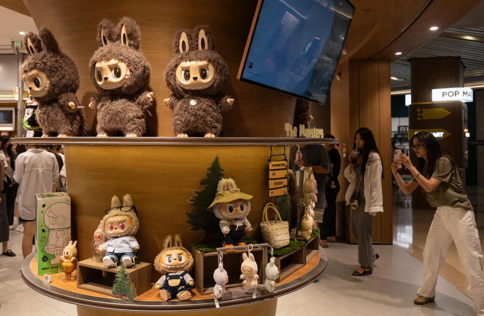 Labubu dolls at a Pop Mart store in Beijing. Labubu is a Nordic-inspired character and collectible plush toy designed by Hong Kong artist Lung Kasing. 