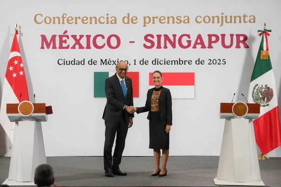 President Tharman Shanmugaratnam (left) and Mexican President Claudia Sheinbaum at a press conference at the National Palace in Mexico City on Dec 1.