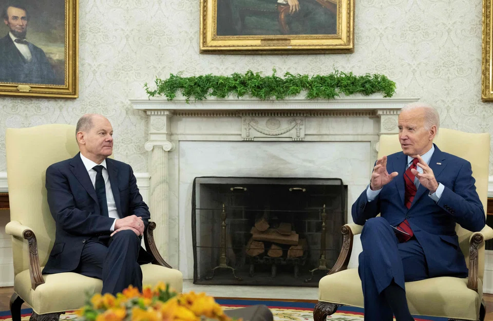 German Chancellor Olaf Scholz (left) and US President Joe Biden in the Oval Office of the White House, on Mar 3, 2023.  The two leaders are due to meet in Washington on Friday (Feb 9). 