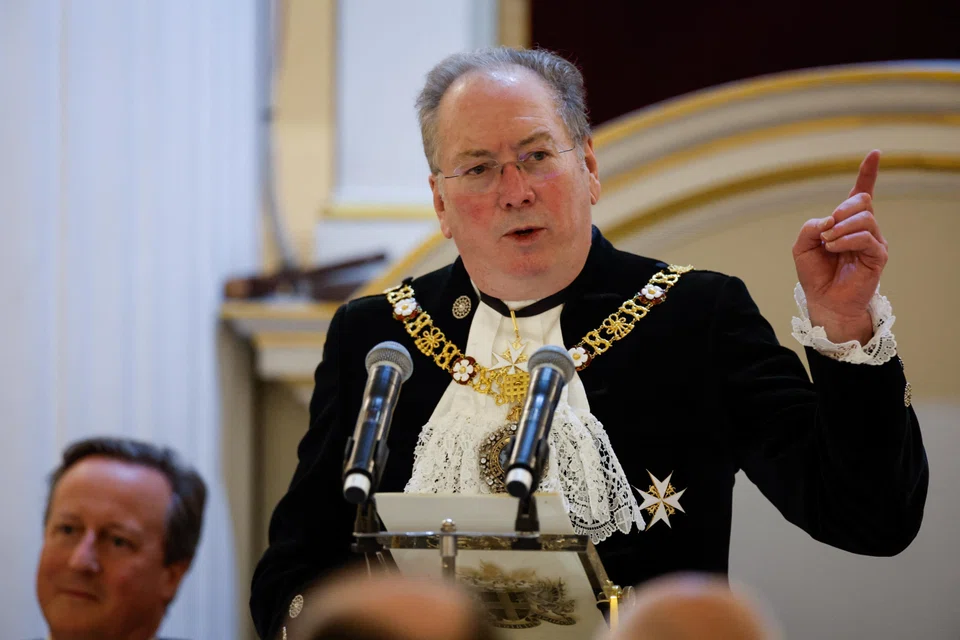 Lord Mayor of the City of London Michael Mainelli speaking at the annual Lord Mayor's Easter Banquet in London in May 2024; he was in Singapore recently, and held meetings with business leaders and financial organisations here.