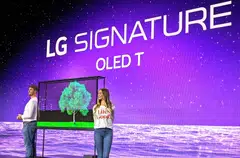 The new LG Signature OLED T TV, a transparent television, is presented at the Consumer Electronics Show (CES) in Las Vegas.