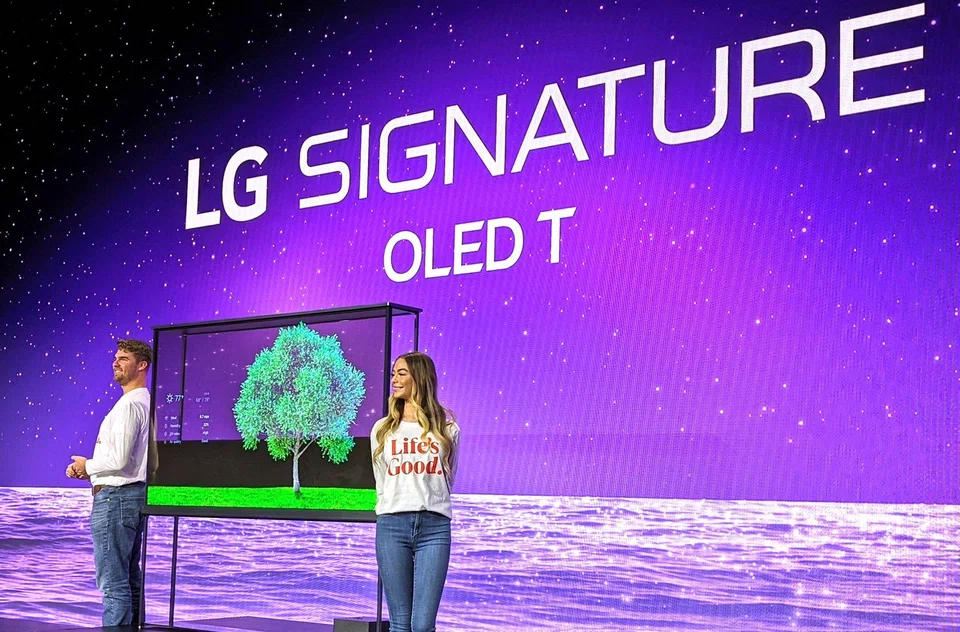 The new LG Signature OLED T TV, a transparent television, is presented at the Consumer Electronics Show (CES) in Las Vegas.