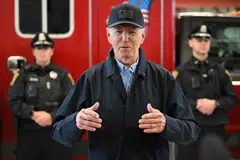 US President Joe Biden speaks to reporters as he visits the Nantucket Fire Department in Nantucket, Massachusetts on Nov 28, 2024.