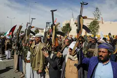 Houthis at a military mobilisation campaign in Sanaa, Yemen, on Feb 7. America's recent strikes against the Iran-backed group were supposed to be a warning, but it is not clear if the strategy has worked.