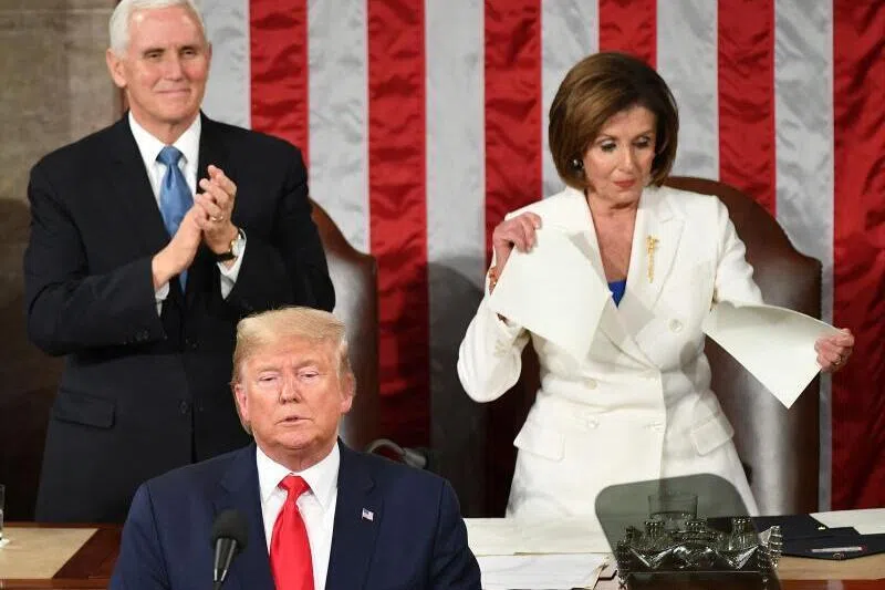 Speaker of the US House of Representatives Nancy Pelosi ripped a copy of US President Donald Trump's speech after he delivered the State of the Union address at the US Capitol in Washington on Feb 4, 2020.