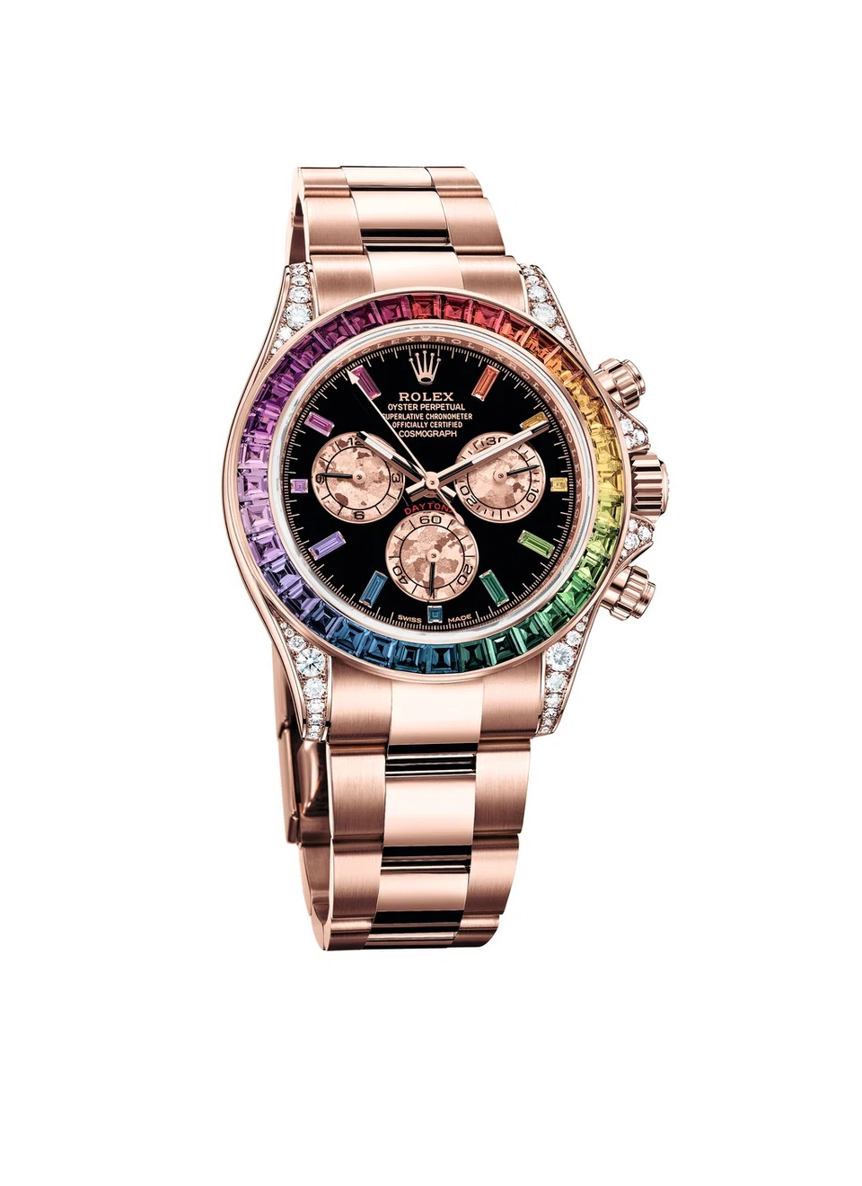 Oyster Perpetual Cosmograph Daytona fitted with a gem-set bezel in rainbow hues.