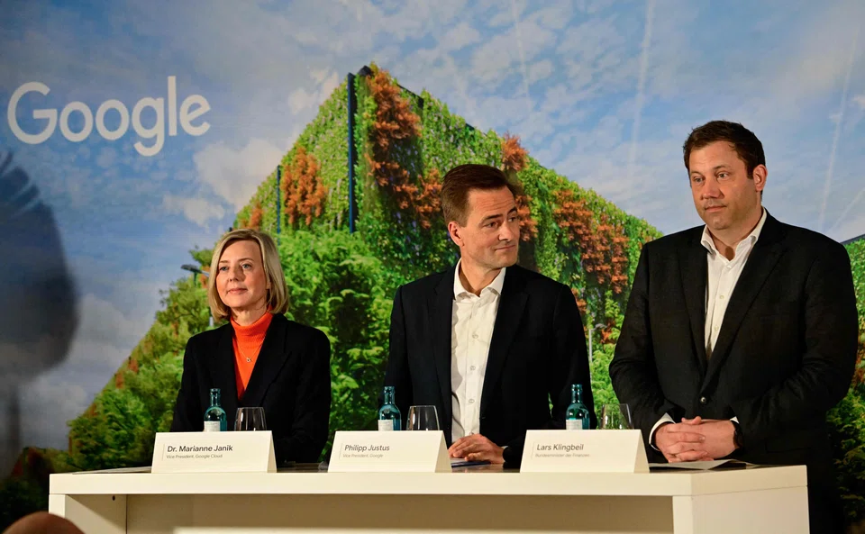(From left) Google Cloud vice-president for Northern Europe Marianne Janik, Google vice-president for Central Europe Philipp Justus and German Finance Minister Lars Klingbeil address a press conference in Berlin, Germany, Nov 11, 2025. 