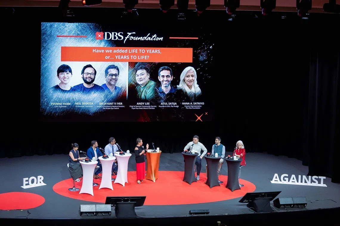 From left: Yvonne Tham, CEO of Esplanade; Neil Dsouza, CEO of GetSetUp; Dr Jayant V Iyer, senior consultant and medical director of The Straits Eye Centre; Karen Ngui, head of DBS Foundation; Andy Lee, chief of seniors’ community services of Thye Hua Kwan Moral Charities; Atul Satija, founder and CEO of The/Nudge; and Hana A Satriyo, country representative of The Asia Foundation, at the DBS Foundation Impact Beyond Dialogue.