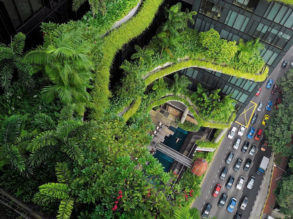 Greening harsh urban spaces in Singapore : An aerial shot of Parkroyal on Pickering hotel’s greenscape.