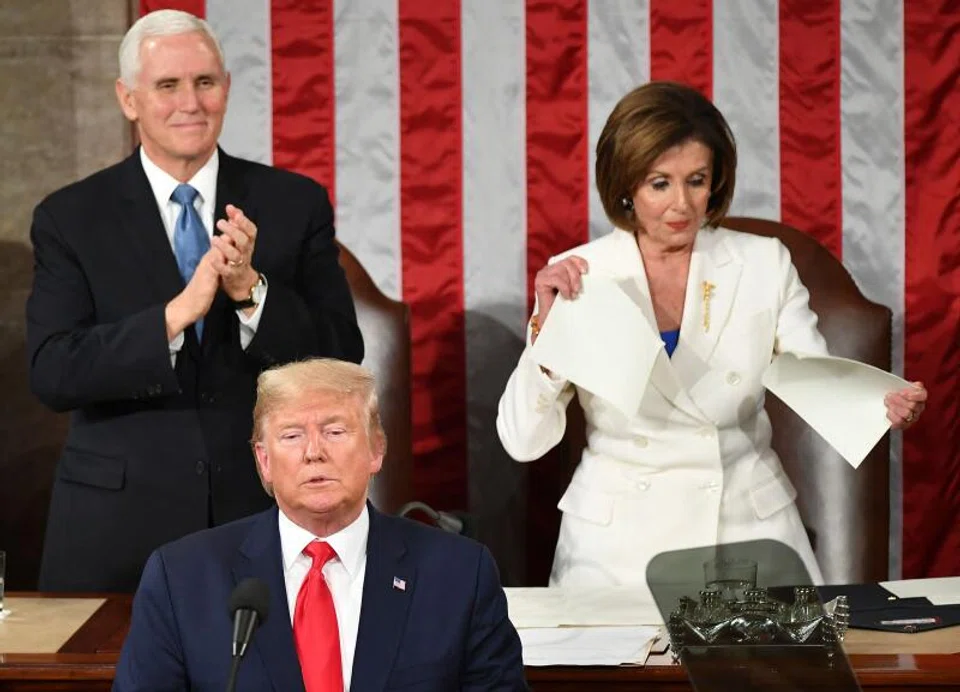 Speaker of the US House of Representatives Nancy Pelosi ripped a copy of US President Donald Trump's speech after he delivered the State of the Union address at the US Capitol in Washington on Feb 4, 2020.