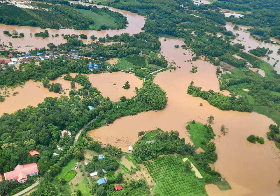 Houses and streets submerged by flood water in the northern province of Phrae, about 540 km from Bangkok, Thailand, Aug 26, 2024.