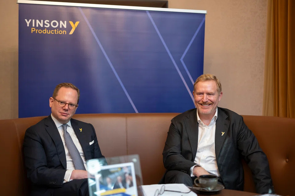 Yinson Production's chief financial officer Markus Wenker (left) speaking to reporters alongside chief executive Flemming Gronnegaard at the sidelines of an investor event in November.