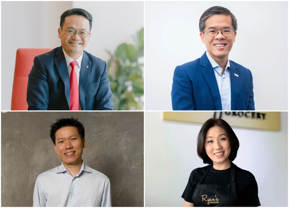Clockwise from top left: Chen Ze Ling, DBS’ group head of corporate and SME banking; Singapore Business Federation chief executive Kok Ping Soon; Ryan’s Grocery founder Wendy Foo; and Far East Flora deputy group managing director Ryan Chioh.