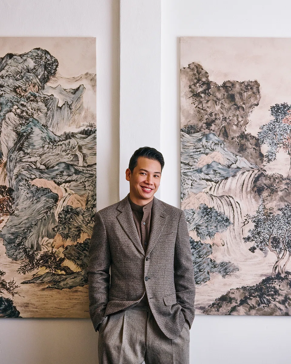 Bryan Lee wants to create a new, East-meets-West wellness hospitality concept in Labrador Park. He wears a brown cashmere wool shirt, dark brown merino wool blazer and brown merino wool trousers, all from Loro Piana.